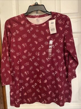 belk Sangria Long Sleeve Tee with White & Pink Leaf and Squirrel Print